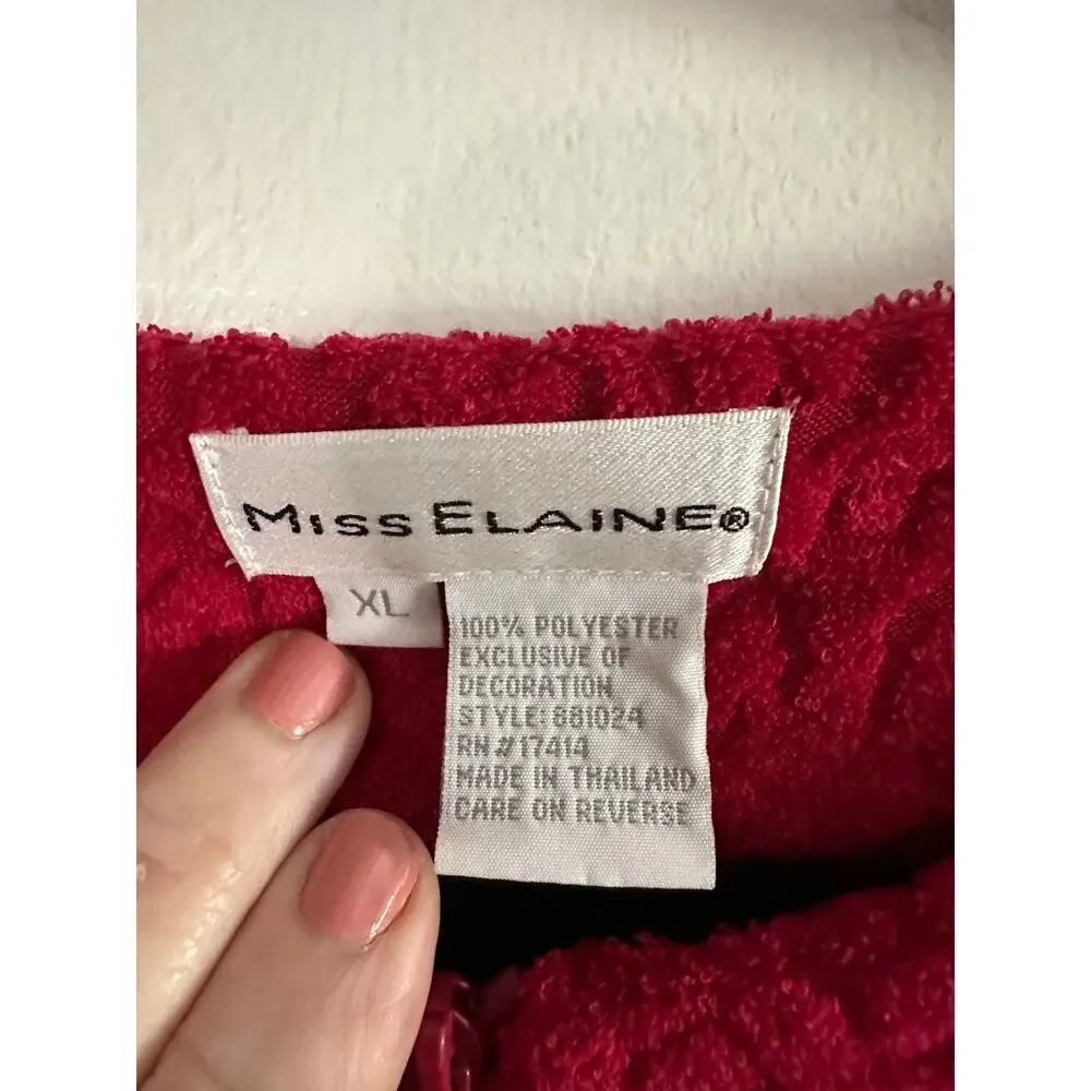 MISS ELAINE Vintage Red Fleece Plush Robe Housedress House Dress Embroidered XL